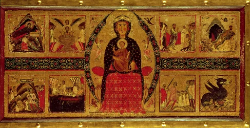 Die Jungfrau und das Kind auf dem Thron, mit Szenen der Geburt Christi und dem Leben der Heiligen, 1260